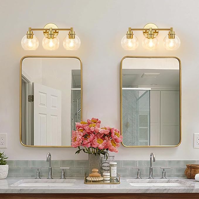 Gold Bathroom Vanity Lights, 3-Light Wall Sconce with Glass Globe Shade, Vanity Lighting for Bathroom/Bedroom/Dressing Room, Vertical/Horizontal Mounted, E26 Bulb Base (Bulb Not Included)