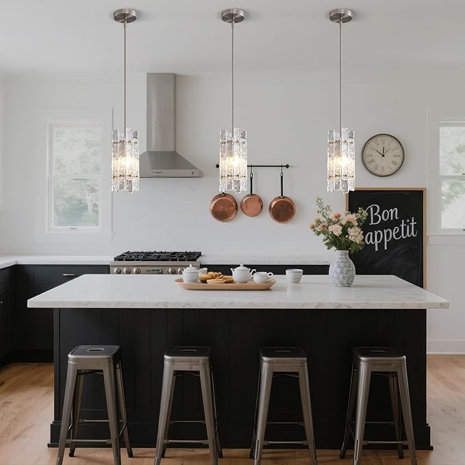 Brushed Nickel Crystal Pendant Light for Kitchen Island, Modern Luxury Mini Water Ripple Glass Chandelier Fixture, Square Adjustable Hanging Pendant Lighting for Dining Room Bedroom Hallway (1-Pack)