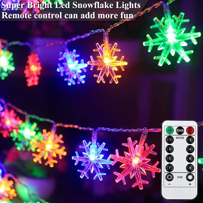 Christmas Decorations Snowflake Lights, 30ft 60 LEDs Snowflakes Christmas Lights Battery Operated String Lights with Remote for Xmas Tree Window Curtain Outdoor Indoor Winter Decor Multicolor