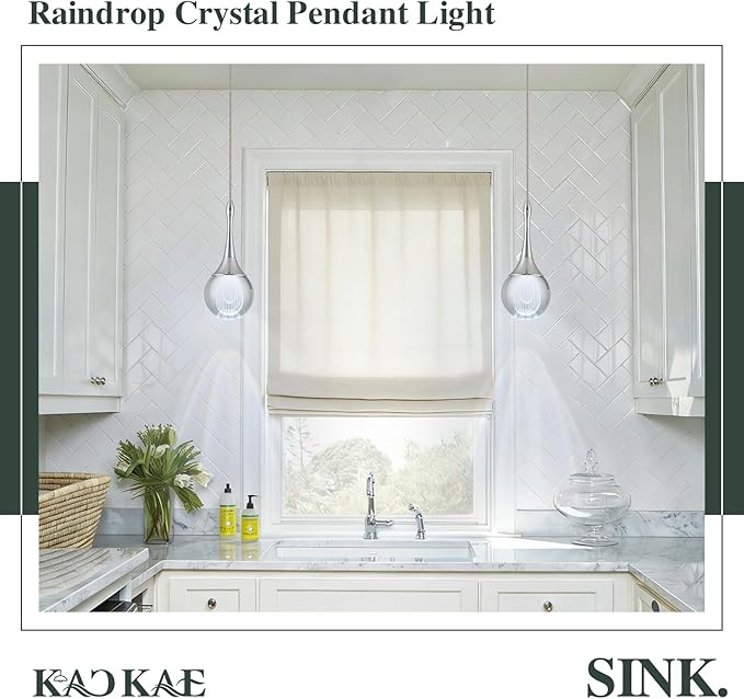 LED Pendant Light Kitchen Island Raindrop Crystal Pendant Lights Dimmable Chrome Modern Hanging Light for Bedroom Bathroom Living Room 6000K Cool White, 1 Pack