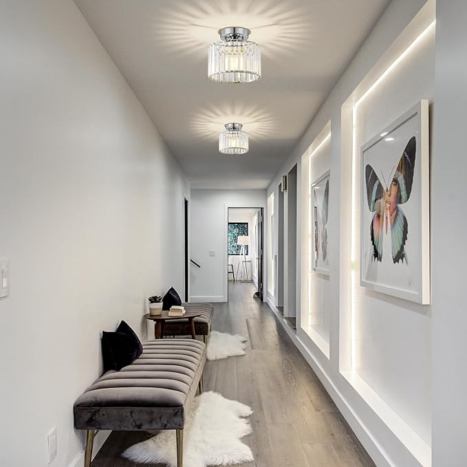 Crystal Chrome Semi Flush Mount Ceiling Light Modern Hallway Light Fixture Metal Close to Lamp for Entryway Bathroom (8.66 inch)