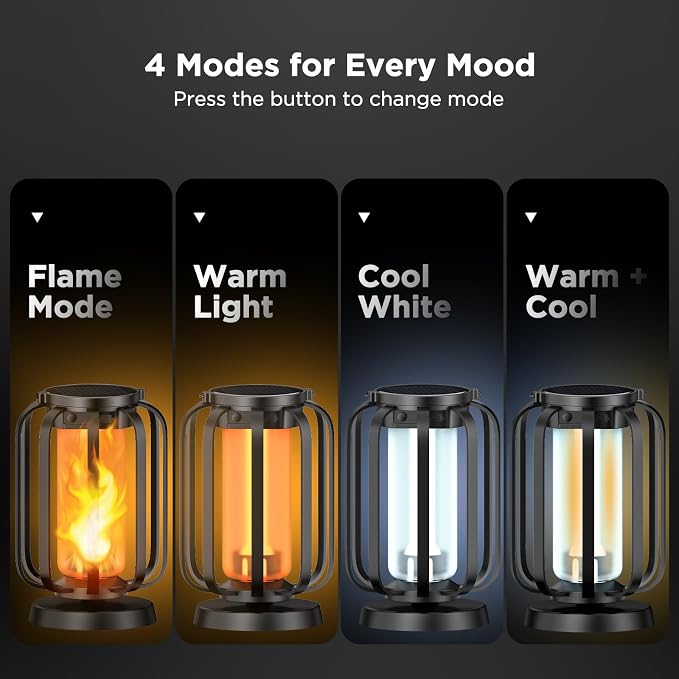 Hompavo Gen2 Solar Lanterns Outdoor Lights with Ultra-Real Flame, 2 Charging (USB/Solar) & 4 Modes - Waterproof Decorative Hanging/Table Lights for Pathway Yard Patio Garden Decor Gifts for Women, 4