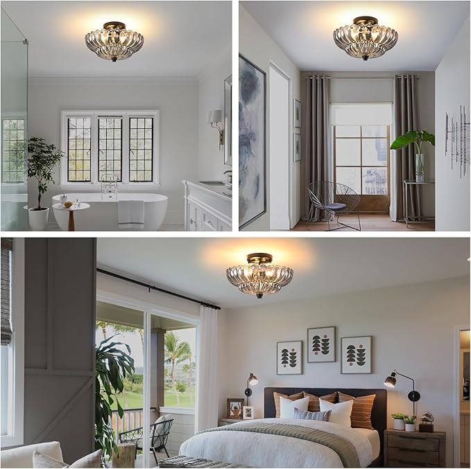 Semi Flush Mount Ceiling Light, 11.8 Inch Black Vintage Hallway Light Fixture with Smoky Gray Glass, Close to Ceiling Light for Bedroom Kitchen Living Room Bathroom Foyer, E26 Base
