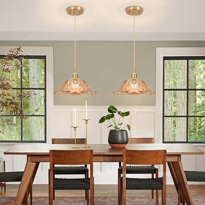 Vintage Pendant Light,Amber Glass Light Fixtures,11" Flower Pendant Lights Adjustable Hanging Light Pendant Lighting Fixtures for Bedroom Hotel Dining Room