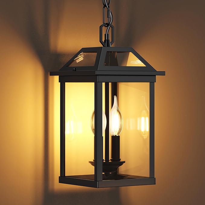 WIHTU Large Outdoor Pendant Light with 2 Bulbs, 14.96" Modern Hanging Lantern Ceiling Mount, Waterproof Outside Chandelier Exterior Hanging Fixture with Tempered Glass for Porch