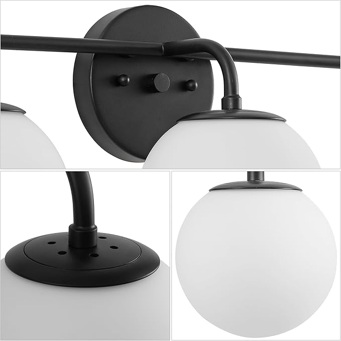 JONATHAN Y 25" Black Modern Globe Wall Sconce Vanity Light for Bathroom, White Frosted Glass Shade, Midcentury Parisian Bistro Wall Lamp, LED Bulb Included (JYL3536B)