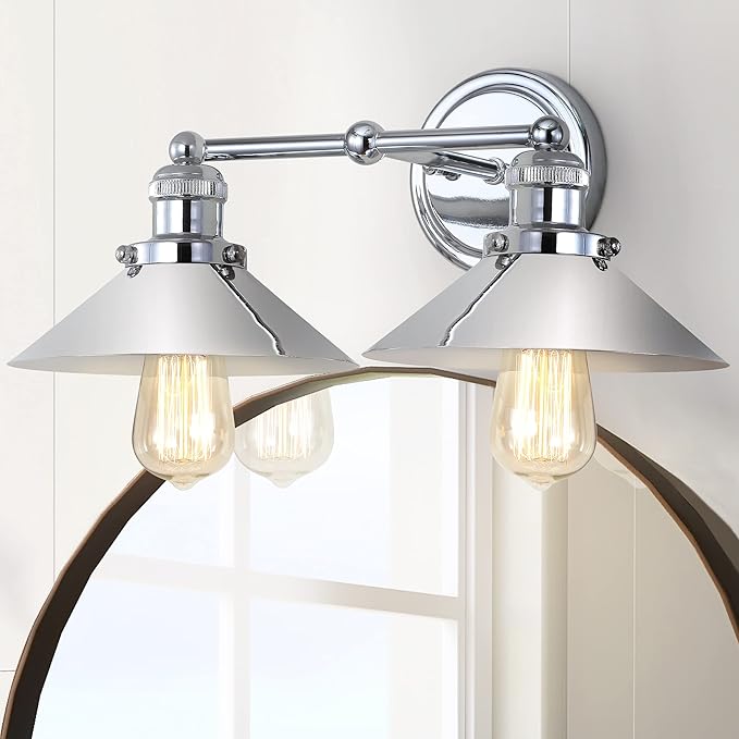 JONATHAN Y 17.5" Chrome 2-Light Industrial Farmhouse Metal Vanity Light Wall Sconce, Metal Shade for Bathroom Mirror, Kitchen, Entryway, LED Bulb Included (JYL7424A)