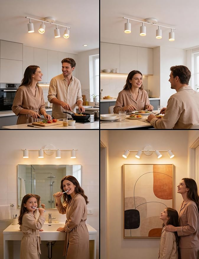 Bojim Track Lighting Fixtures Ceiling Mount for Kitchen, White 4 Way LED Spot Lights Indoor, Flexible Modern Track Light GU10 Socket for Studio, Bulbs Not Included