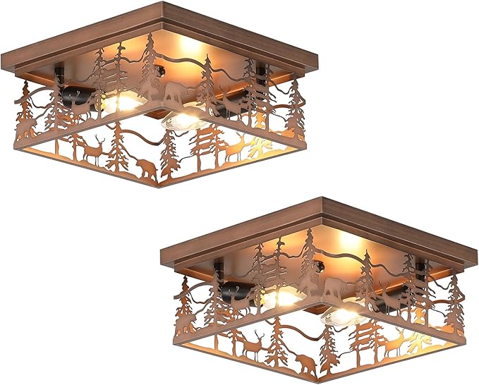 2 Pack 11" Rustic Farmhouse Flush Mount Ceiling Light, 2-Light Metal Fixture with Deer & Bear Design, Square Vintage Industrial Metal Cage Light Perfect for Kitchen, Foyer, Bedroom