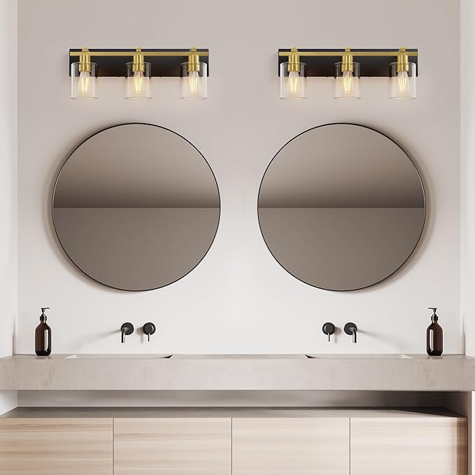 Espird Bathroom Vanity Light,3 Light Matte Black and Gold Light Fixture with Thickened Clear Glass Shade, 21 inch Modern Wall Sconce, Bathrooms Vanity Light Over Mirror for Bathroom