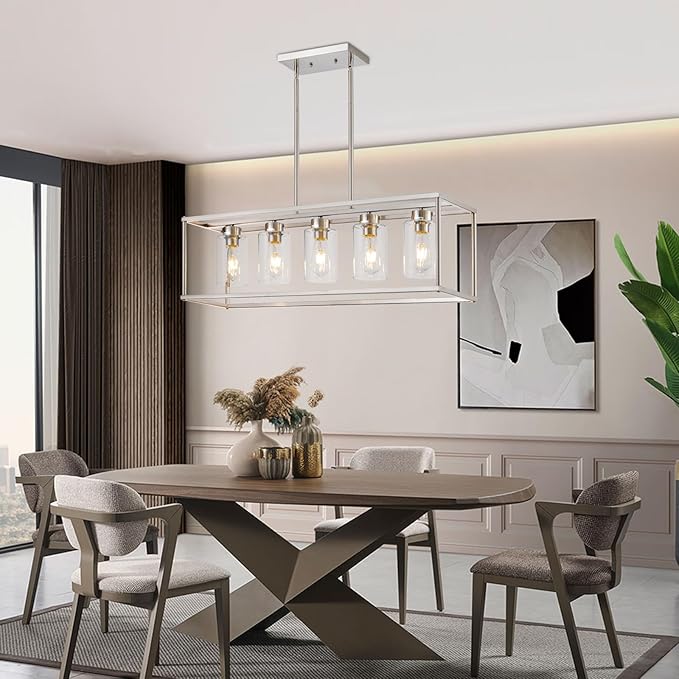 5 Light Dining Room Light Fixture Rectangular Modern Farmhouse Chandelier Brushed Nickel Linear Hanging Pendant Lighting Rectangle for Kitchen Living Room Adjustable Height with Glass Shade