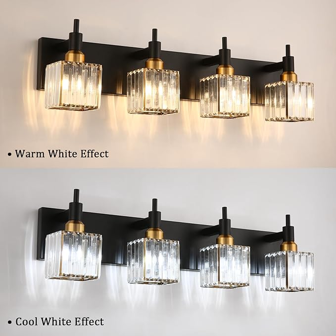 Gold Black Crystal Bathroom Lighting Fixtures, 4 Light Brass Modern Crystal Bathroom Vanity Lights Over Mirror Brass Bath Light