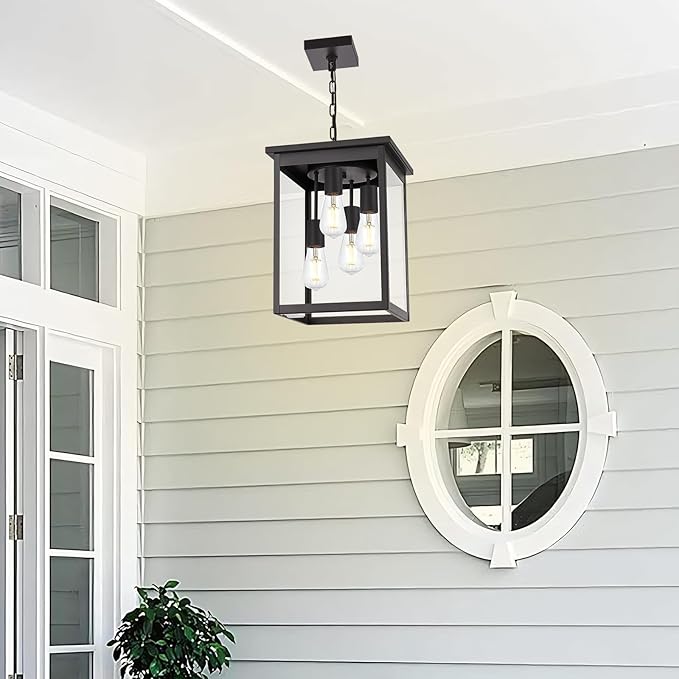 Yaohong 4-Lights Outdoor Pendant Light Fixture with Clear Glass, Oil Rubbed Bronze Farmhouse Exterior Ceiling Hanging Light Fixture with Adjustable Chain, Outdoor Hanging Lantern for Porch Entrance
