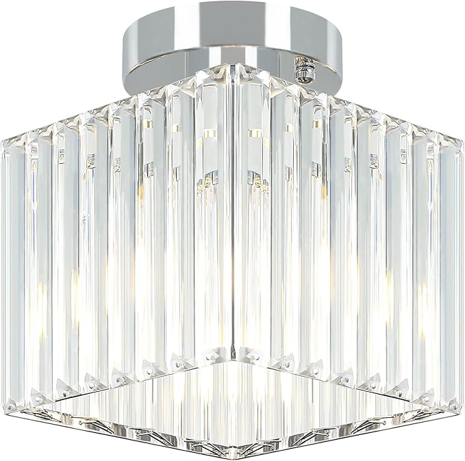 2-Pack Crystal Semi Flush Mount Ceiling Light Modern Chrome Small Square Ceiling Light Fixture Entryway Chandelier for Kitchen Bedroom Bathroom Hallway Laundry, 7.24Inch