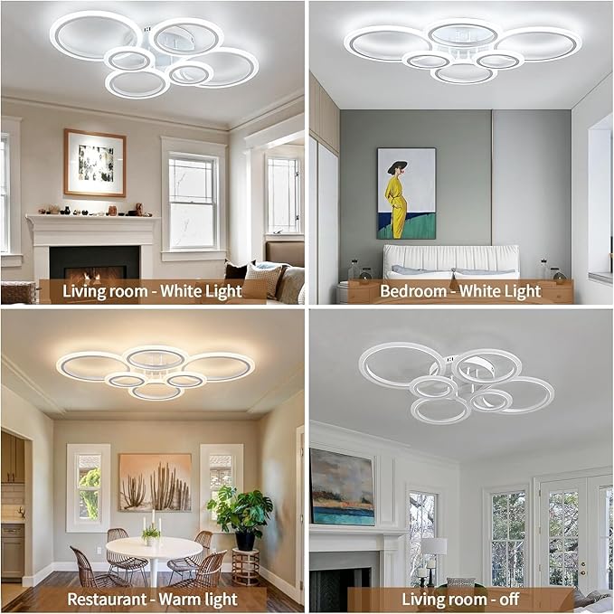 Shine LUEST 60W Modern LED Ceiling Light Fixture, Dimmable LED Chandelier Flush Mount Ceiling Lights Remote Control 6 Acrylic Ring Ceiling Lamp Fixture for Living Room Dining Room Bedroom, 7640LM