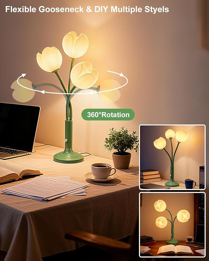Lightdot 3-Light Tulip Table Lamp Set of 2 with LED Bulbs Included, Dimmable Cute Flower Desk Lamp, Aesthetic Green Floral Nightstand Lamp, Adjustable Gooseneck Bedside Lamp for Bedroom, Living Room