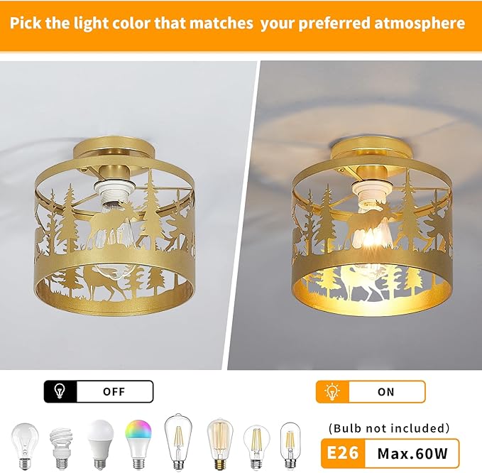 Rustic Semi-Flush Mount Ceiling Light, 9.1" Farmhouse Cabin Fixture with Deer, Bear Design, Gold Metal Ceiling Lamp for Bedroom, Living Room, Hallway, Entryway, E26 Base