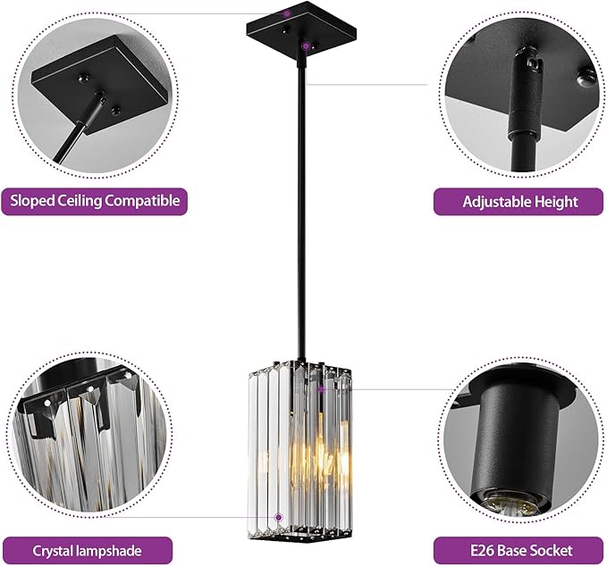 Modern Pendant Light Black Rectangle Pendant Lighting Mini Crystal Chandeliers Adjustable Pendant Light Fixture for Kitchen Island Dinning Room Living Room Corridor Bedroom(Black 1-Pack)
