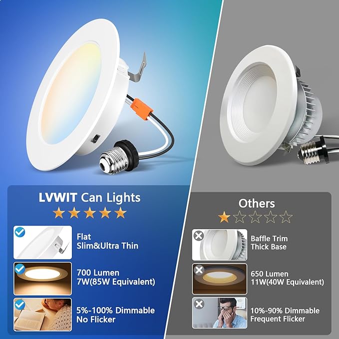 LVWIT 4 Inch LED Recessed Light, Recessed Can Lights Color Selectable 2700/3000/4000/5000/6000K 5CCT, 7W 700LM, Dimmable LED Can Lights with E26 Conversion Kit,Suitable for 4inch Can,48 Pack