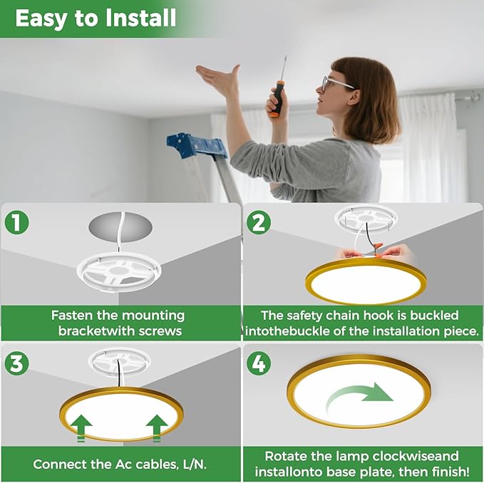 zemty 2Pack LED Flush Mount Ceiling Light, 12Inch 24W Dimmable Ceiling Lights Fixture, 5 Color Temperatures (3000K-6500K) Gold Round Ceiling Lamp for Bedroom, Kitchen, Hallway,Bathroom