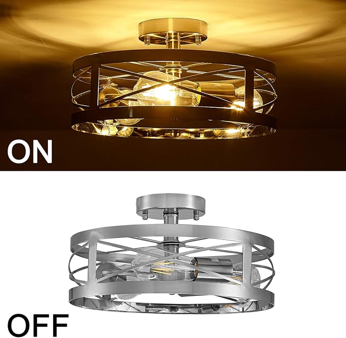 Modern 3-Light Semi-Flush Mount Ceiling Light 13 Inches Round Lighting Fixtures for Kitchen Island Dining Room Bedroom Farmhouse Foyer Hallway Front Door, Brushed Nickel Finish