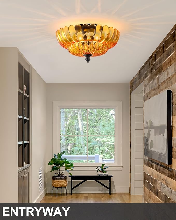 ANYLOVE Modern 12Inch Amber Flower Glass Semi Flush Mount Ceiling Light, 3 Light for Living Room Bedroom Hallway Entryway Foyer