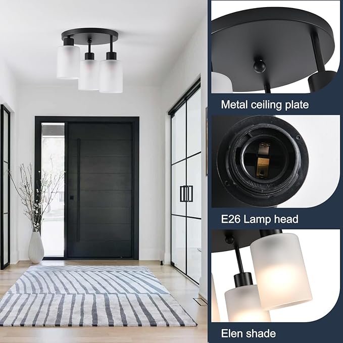 3-Light Industrial Farmhouse Black Matte Light Fixtures Ceiling Mount, with Frosted Glass Shades Semi Flush Mount Ceiling Light, for Hallway Fixtures Kitchen, Foyer