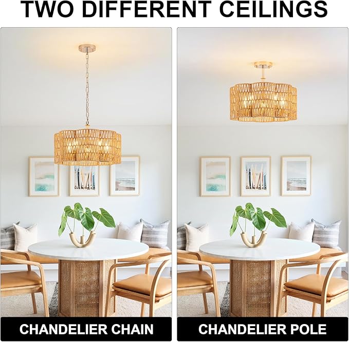 5-Light 19.6'' Convertible Rattan Chandelier - Flush Mount/Pendant Farmhouse Ceiling Light for Dining Room, Adjustable Chain & Dimmable Design