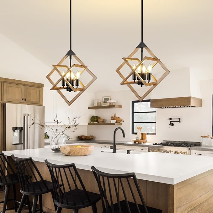 18" Modern Pendant Lights Kitchen Island, 4-Light Black + Wood Grain Farmhouse Pendant Light Fixtures, Industrial Hanging Pendant Lights Fixture for Kitchen Island Dining Room Hallway Foyer Entryway