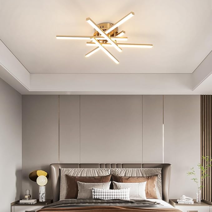 CANEOE Modern Led Ceiling Light,6-Lights Gold Sputnik Semi Flush Mount Ceiling Light, Modern Chandelier Ceiling Lighting Fixtures for Bedroom Living Room Dining Room Kitchen Office Ceiling Lamp
