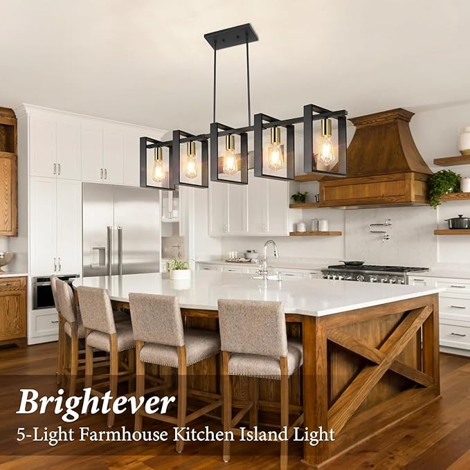 5-Light Black Gold Dining Room Light Fixture, 53’’ Farmhouse Wood Chandelier Kitchen Island Lighting Over Table, Modern Black Rectangular Hanging Pendant Light Fixture for Living Room, E26 Sockets