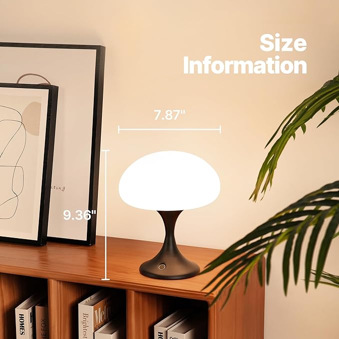 MAGCHARM Mushroom Lamp, 5W LED Cordless Rechargeable Table Lamp with Glass Shade, Small Retro Dimmable Touch Light with 3 Color Temps, Aesthetic Mid Century Bedside Light for Bedroom Ambient, Black