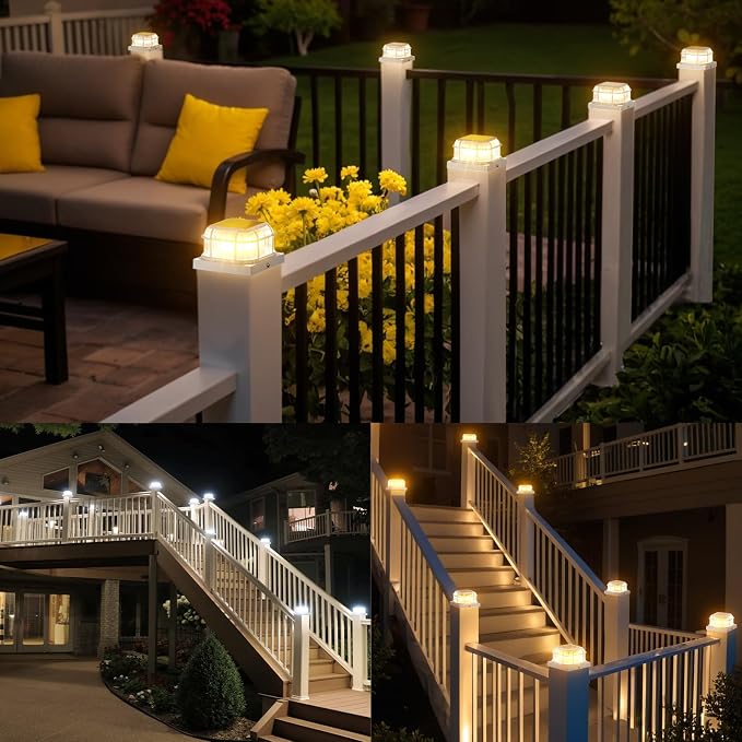 Solar Post Light 8 Packs with 4x4, 5x5 and 6x6 Inches Base for Vinyl/Wooden Posts, Bright 16 LEDs Solar Cap Lights with Two Light Modes for Decorating Deck, Patio, Porch, Fence (White)