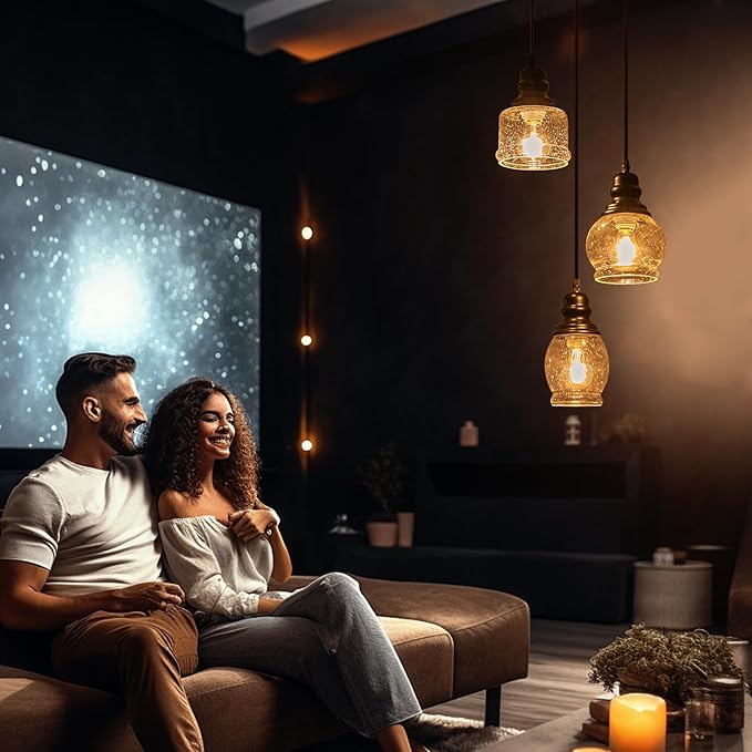 WILON Pendant Light Fixtures, 3 Light Pendant Lighting for Kitchen Island Industrial Hanging Pendant Lighting with Seeded Glass Shade, Black Glass Pendant Light for Dining Room Kitchen Island