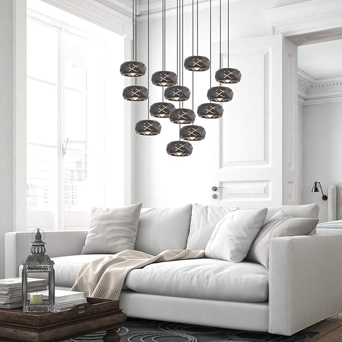 Crust 13 Mini Pendant Lighting Black - LED Hanging Light Fixture for Kitchen Island, Bar, Foyer - Cluster Pendants - Dimmable, Adjustable Wire, Lamp Bulb Included