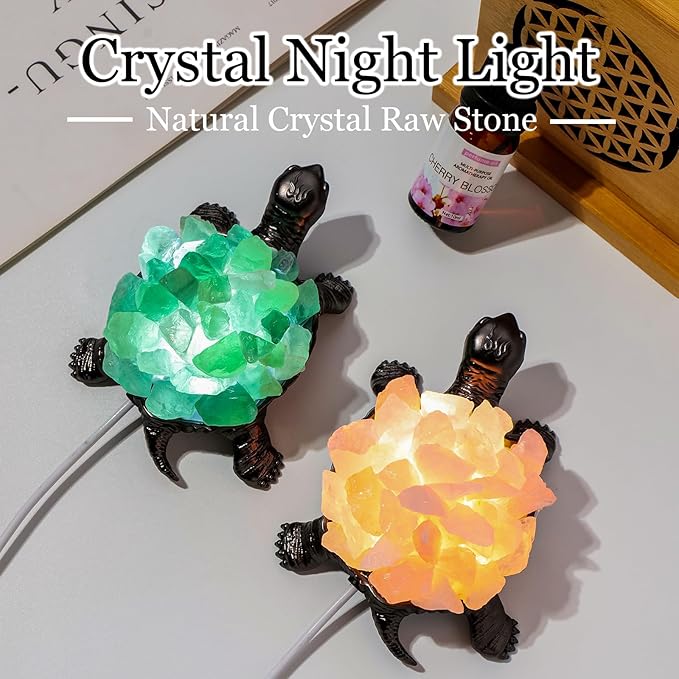 Runyangshi Natural Green Fluorite Turtle Night Lamp Healing Crystal Bedroom Bedside Table Lamp USB Port Home Decoration Women Men Decor Gift