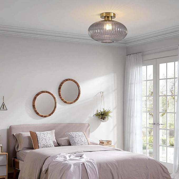 BOKT Mid Century Globe Ceiling Light Fixture Farmhouse Smoke Grey Glass Ceiling Light Industrial Hallway Stripe Ceiling Lamp for Bathroom Entryway
