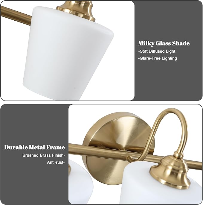 LASENCHOO 3 Lights Bathroom Vanity Light Vintage Bathroom Lighting Fixtures Over Mirror, Brass Wall Sconce Modern Wall Lights for Bedroom Living Room Hallway with Milky Glass Shade, E12 Socket