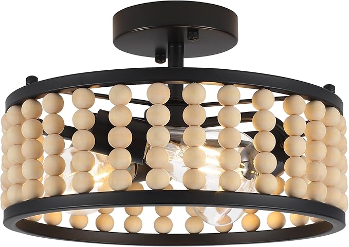 Luupyia Wood Bead Ceiling Light 3Lights, 12.79Inches Vintage Boho Ceiling Light Fixture Small Chandeliers Semi Flush Mount Mid Century Retro Overhead Lighting for Bedroom Foyer Hallway, E26