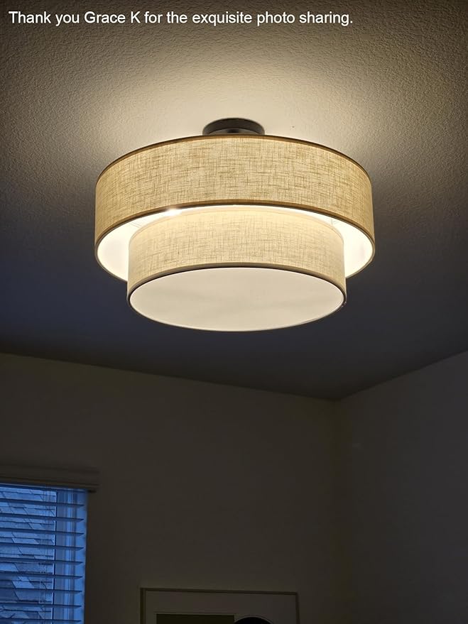 5 Light Semi Flush Mount Close to Ceiling Light Fixture,Cream Linen Fabric Shade Brushed Bronze Finish 24 inch for Bedroom,Living Room,Dining Room Hallway