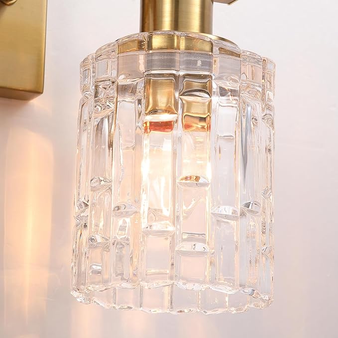 2 Light Brushed Gold Bathroom Vanity Light Over Mirror, Modern Vanity Lighting with Crystal Glass Shade, Wall Mount Bathroom Light Fixtures, E26 Base