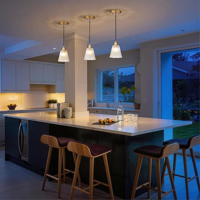 Pendant Lights Kitchen Island, Gold Pendant Light Fixtures with 5.8mm Thick Glass Shade and Adjustable Cord, Modern Pendant Lighting for Bathroom, Dining Room, Bedroom, 3 Pack