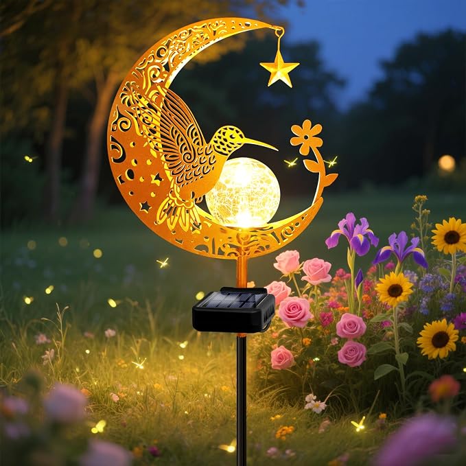 Solar Garden Decor Outdoor Statue, Moon Fairy Garden Figurines with Hummingbird Design for Mom Women Grandma Solar Stake Lights for Patio, Yard, Lawn, Pathway (Warm White)