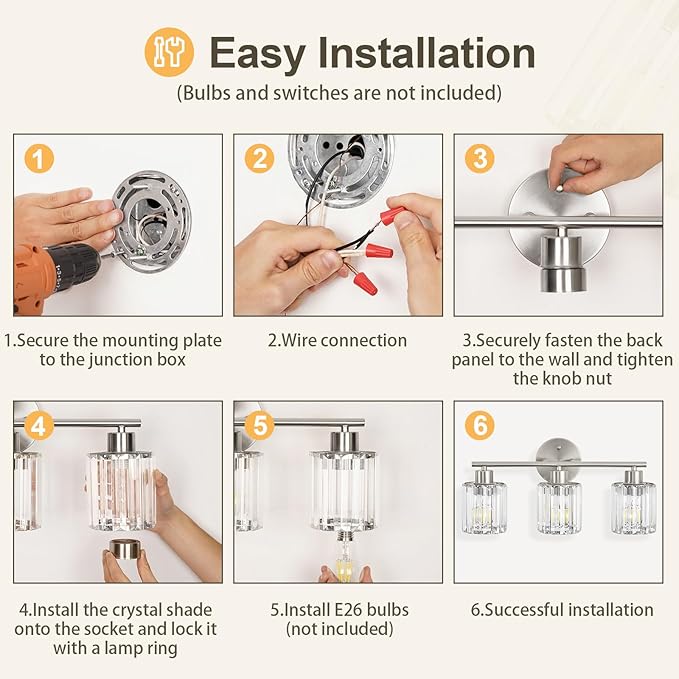 Crystal Bathroom Light Fixtures, Bathroom Lighting Fixtures Over Mirror, Modern 3-Light Brushed Nickel Vanity Lights for Mirror, Restroom, Kitchen(Ceramic E26 Socket,Bulbs Not Include)