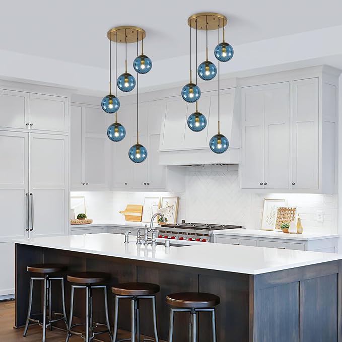 KCO Lighting Nordic Blue Glass Pendant Light 5-Light Globe Cluster Pendant Lighting Brushed Gold Kitchen Island Pendant Lights Modern Farmhouse Multi Pendant Hanging Light Fixture