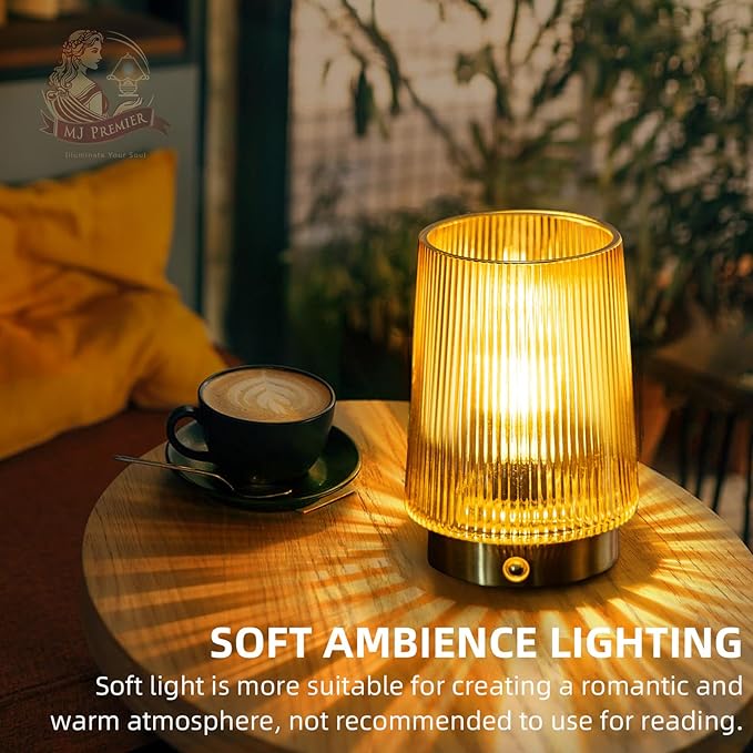 MJ PREMIER Cordless Lamps Rechargeable Glass Table Lamp Portable Dimmable Brightness Touch Battery Operated Lamp Cordless Beside Touch Lamp for Bedroom Kitchen Dining Bathroom Rechargeable Yellow
