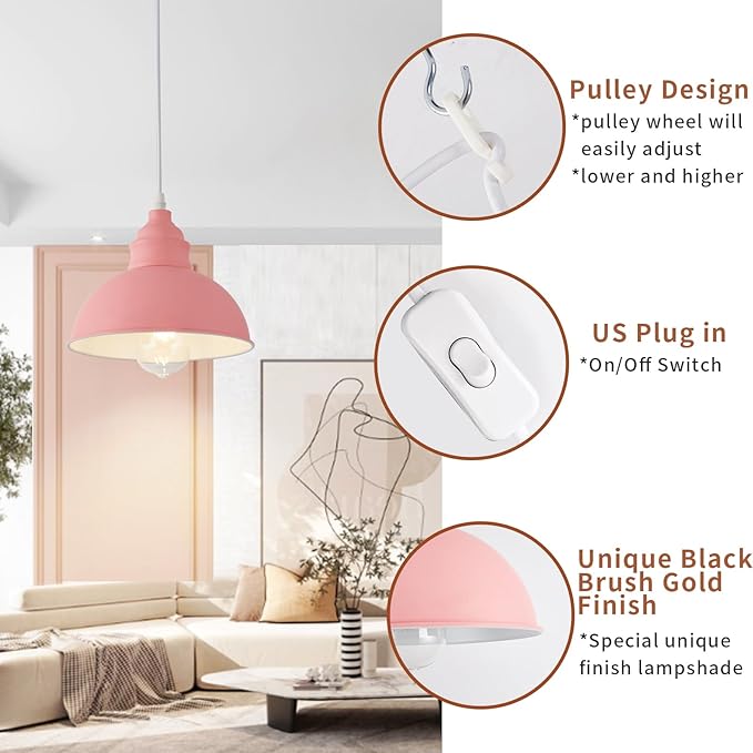 Plug in Pendant Light, 15FT Hanging Lights, On/Off Switch, Industrial Pendant Light with Plug in Cord, Metal Hanging Lamps for Living Room, Kitchen, Dining Room -Pink