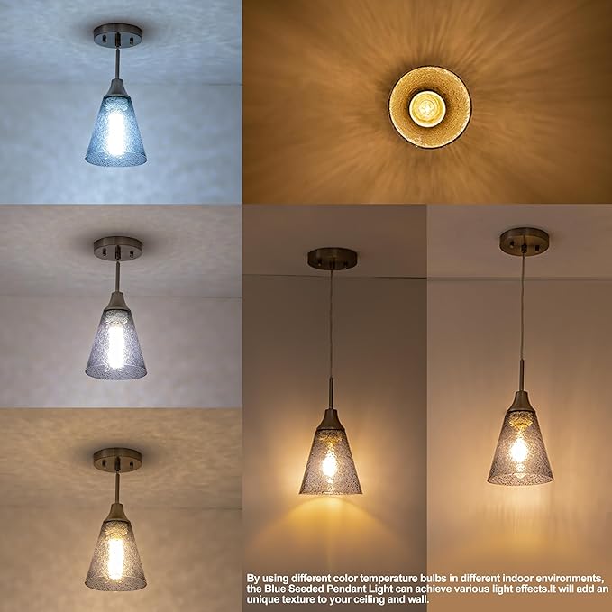 Viinew Mini Glass Pendant Light,5.9" Horn Shape Dark Blue Glass Hanging Light,1-Pack Handblown Clear Blue Seeded Shade Adjustable Cord Ceiling Light Fixture for Kitchen Island Sink