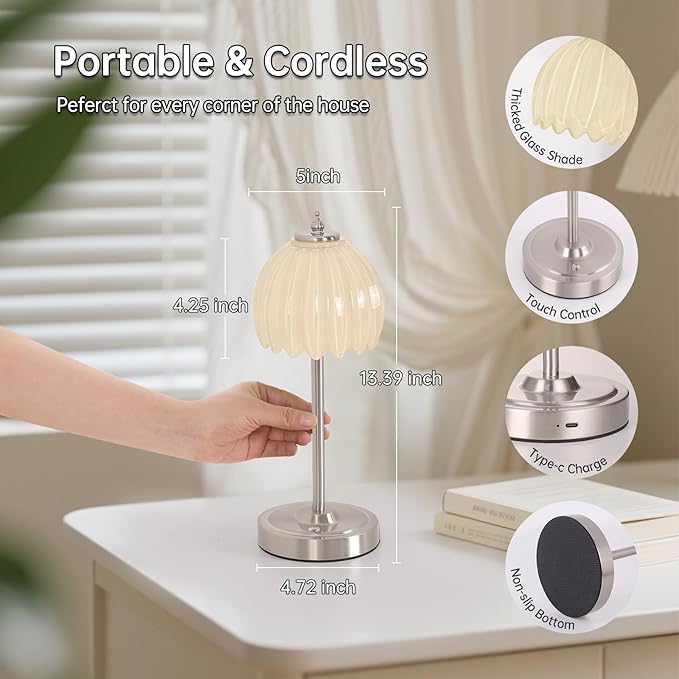 Shenmoyl Tulip Table Lamp with 5200mAh Battery & Touch Control, Cordless Small Table Lamp with 3 Colors, Dimmable Rechargeable Table Lamps for Living Room, Bedroom, Desk, Bedside (Creamy Yellow Tulip)