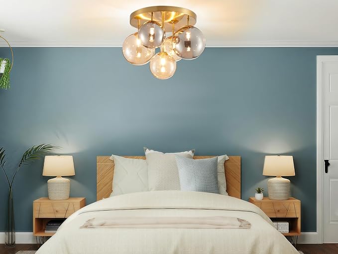 Shrine Lighting Gold Bubble Glass Ceiling Light, Flush Mount Ceiling Light for Living Room, D14'' x H12'', G9*4 Sockets, Globe Glass Shade & Gold Finish Frame